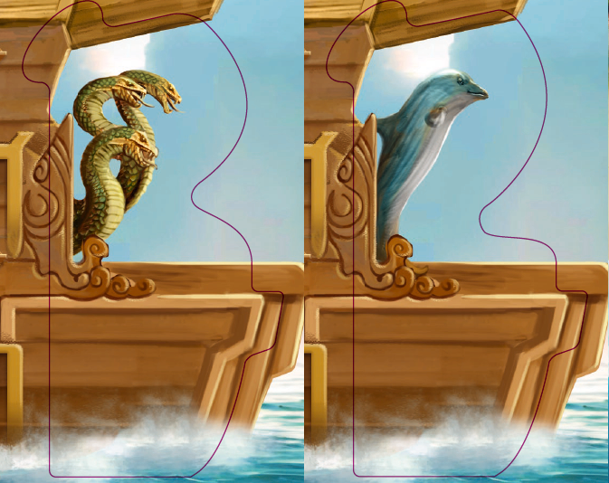 A photo of the New Figureheads promo, for use with the board game Pirates of Maricaibo. One ship's figurehead displays a three-headed snake and the other a carved, wooden dolphin.