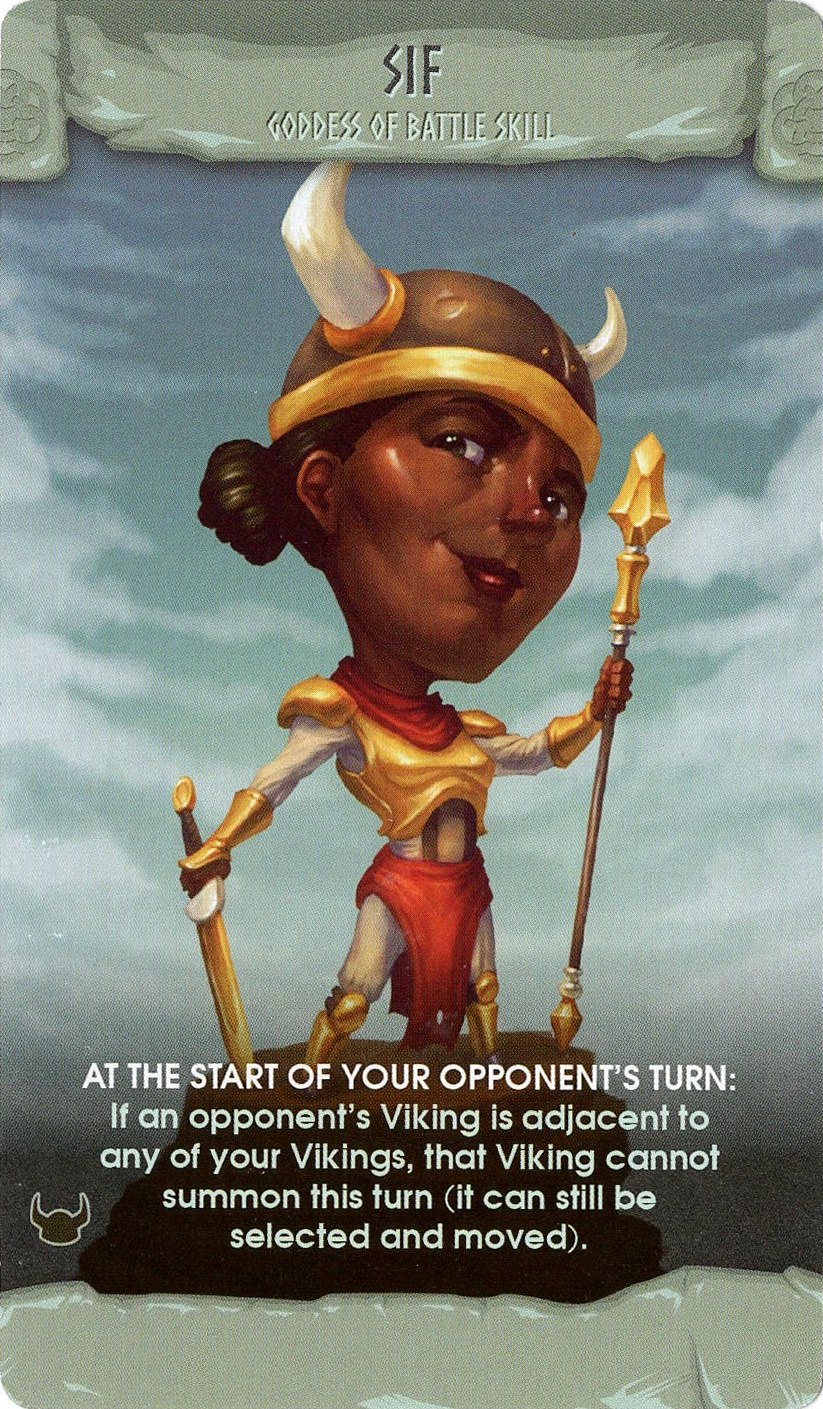 A single card for use with the board game Ragnarocks. The games displays a caricature illustration of a black woman in armor, with text describing the card's abilities in the game at the bottom.