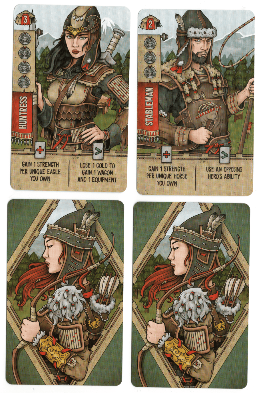 A composite image of two promo cards for the board game Raiders of Scythia, featuring an identical image of a woman archer on the back of the card, a unique illustration of an huntress and stableman on the front of each card, and text that describes the card's ability in the game at the bottom.