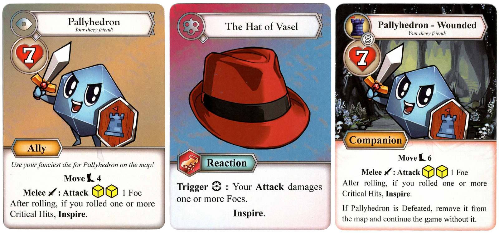 Three promo cards for use in the board game Red Dragon Inn. Each of the cards has the title printed at the top, a cartoon illustration in the center, and a combination of text and symbols describing the card's ability in the game at the bottom.