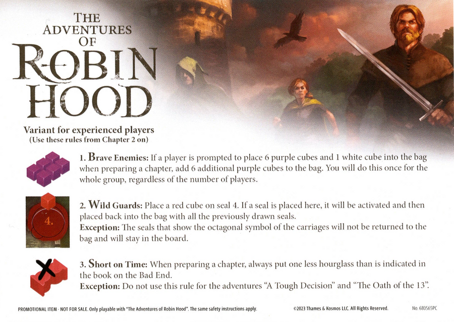 A promo card for use with the board game The Adventures of Robin Hood. The card has the game's title in the top left corner, an illustration of three people in medieval clothes in front of a stone tower in the top right, and text describing the card's ability in the game on the card's bottom half.