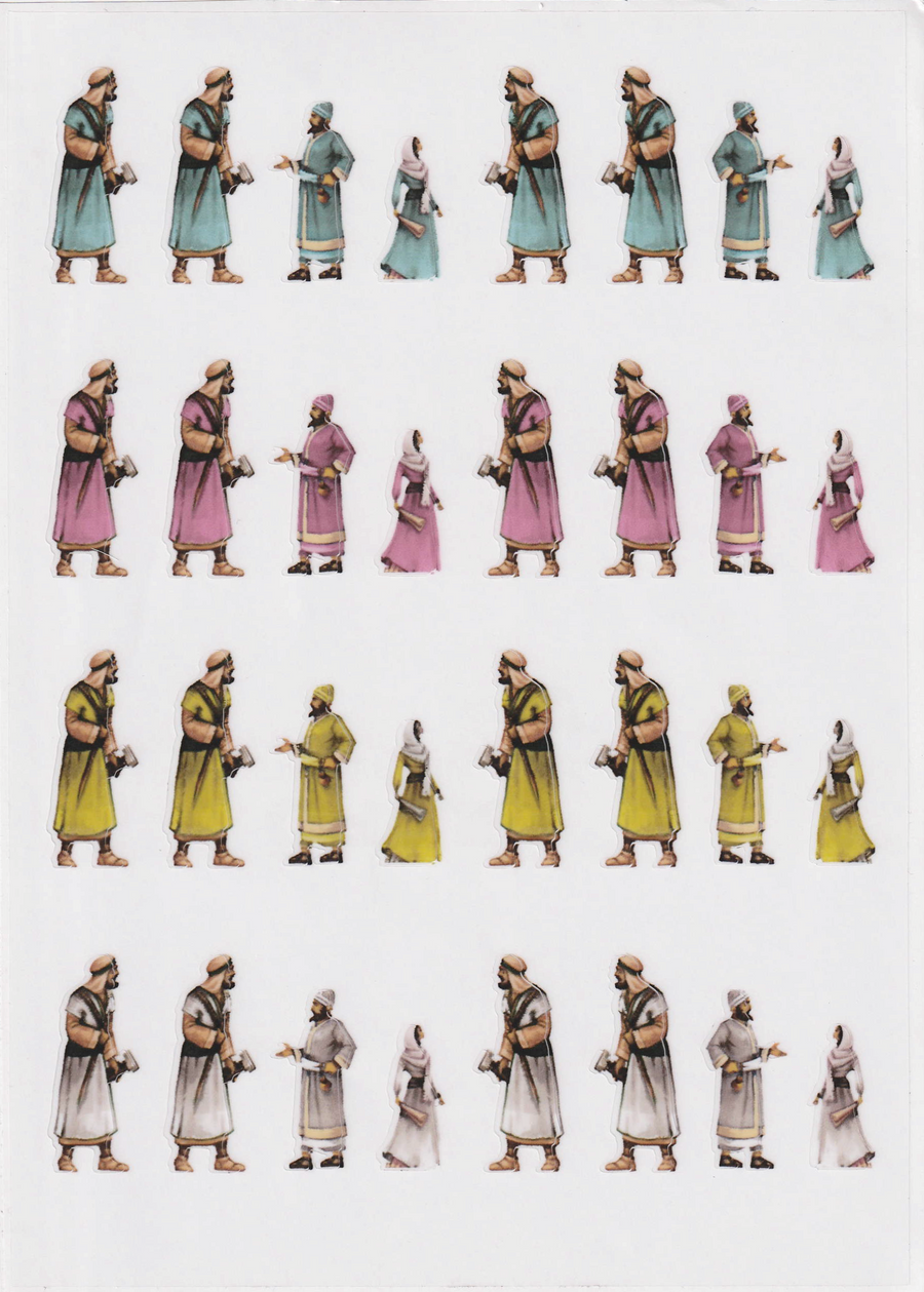 A sticker set for use with the board game Sabika. This sheet shows the same four figures across the four different player colors: blue, pink, yellow, and white. Those four figures are also displayed mirror flipped in the same four player colors.
