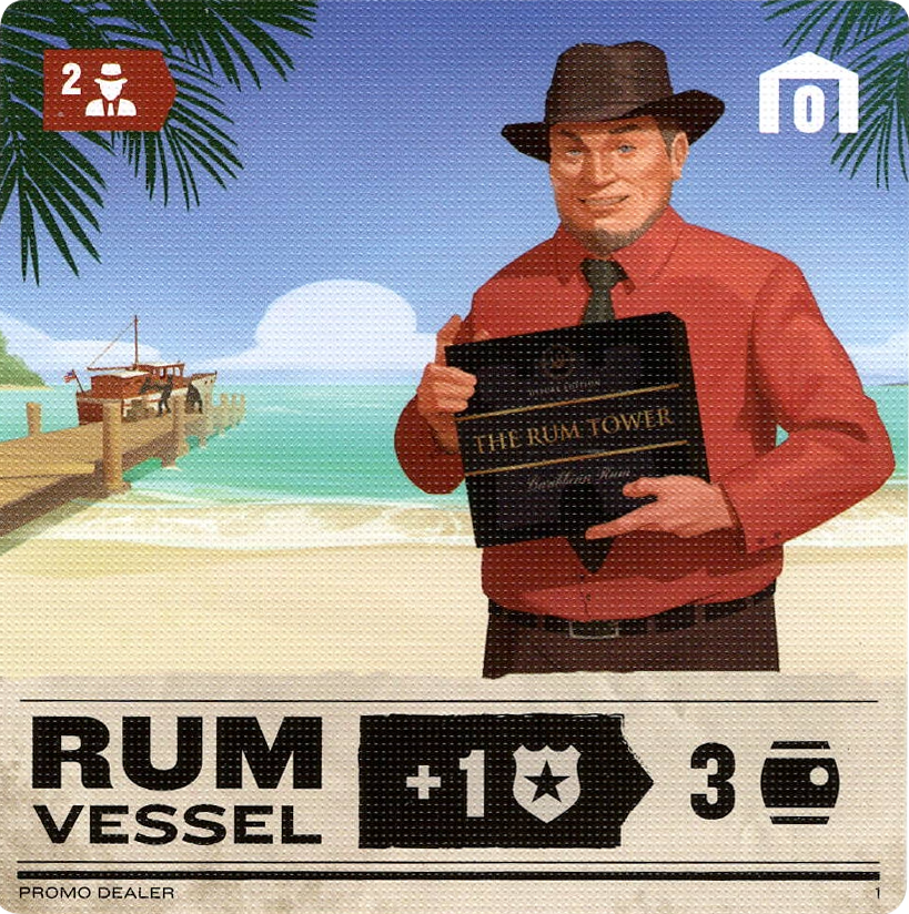 A photo of the front of the promo card Rum Vessel for use with the board game Scarface 1920. The card displays an illustration of a bearded man in a suit shirt, tie, and fedora, holding a box labelled "The Rum Tower", and is in front of a tropical beach and dock.