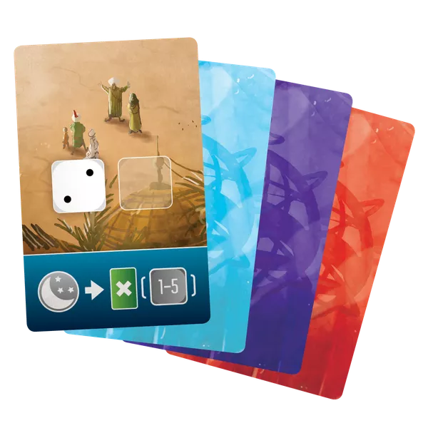 A photo of four promo cards for use with the board game Scholars of the South Tigris. On card is flipped face up and shows an illustration of people in a desert landscape with symbols at the bottom. The other three cards are face down and are colored aqua, purple, and red. 