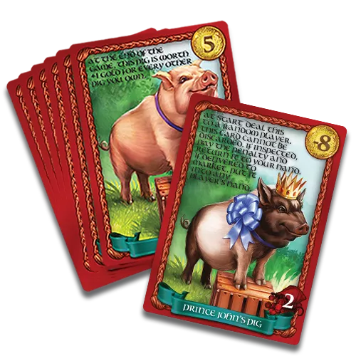 A set of cards for use with the board game Sheriff of Nottingham. Six cards in this image are identical and display a pink pig with its front legs on a wooden box. The seventh card is labelled "Prince John's Pig" and displays a brown and pink pig wearing a blue bow around its neck and a golden crown.