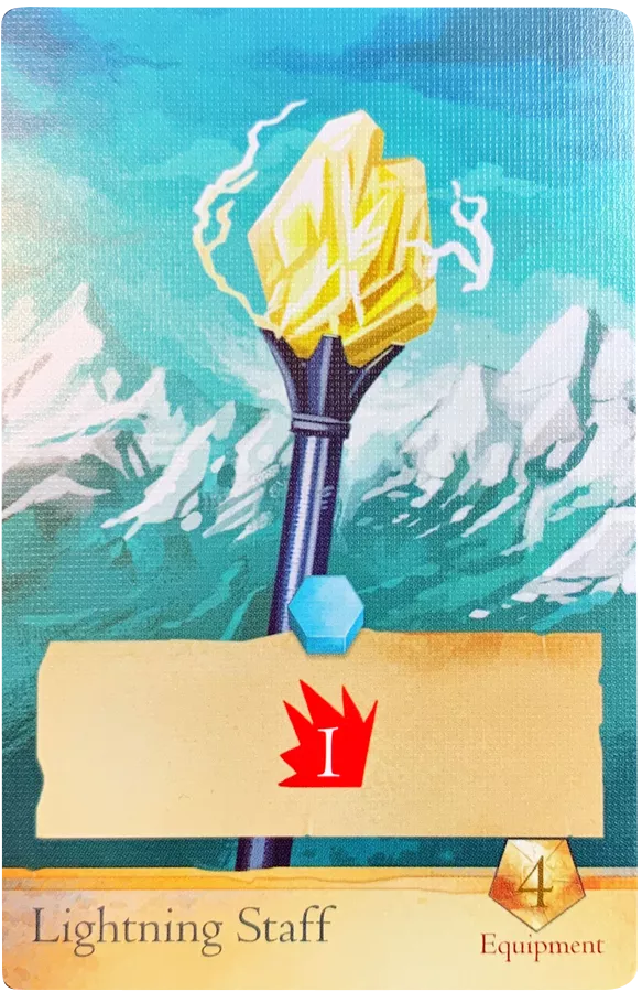 A single card for use with the board game Sleeping Gods, depicting an illustration of a  staff with electricity buzzing around it in front of a mountain range. Symbols that describe the card's ability in the game are below the image, and the card's title is at the very bottom.  
