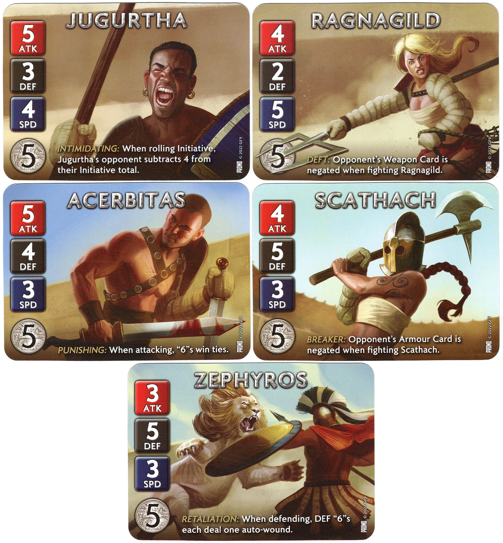 A set of five cards for use with the board game Spartacus: A Game of Blood and Treachery. Each card displays a illustration in the card, numbers and abbreviations on the left side, and text along the top and bottom.