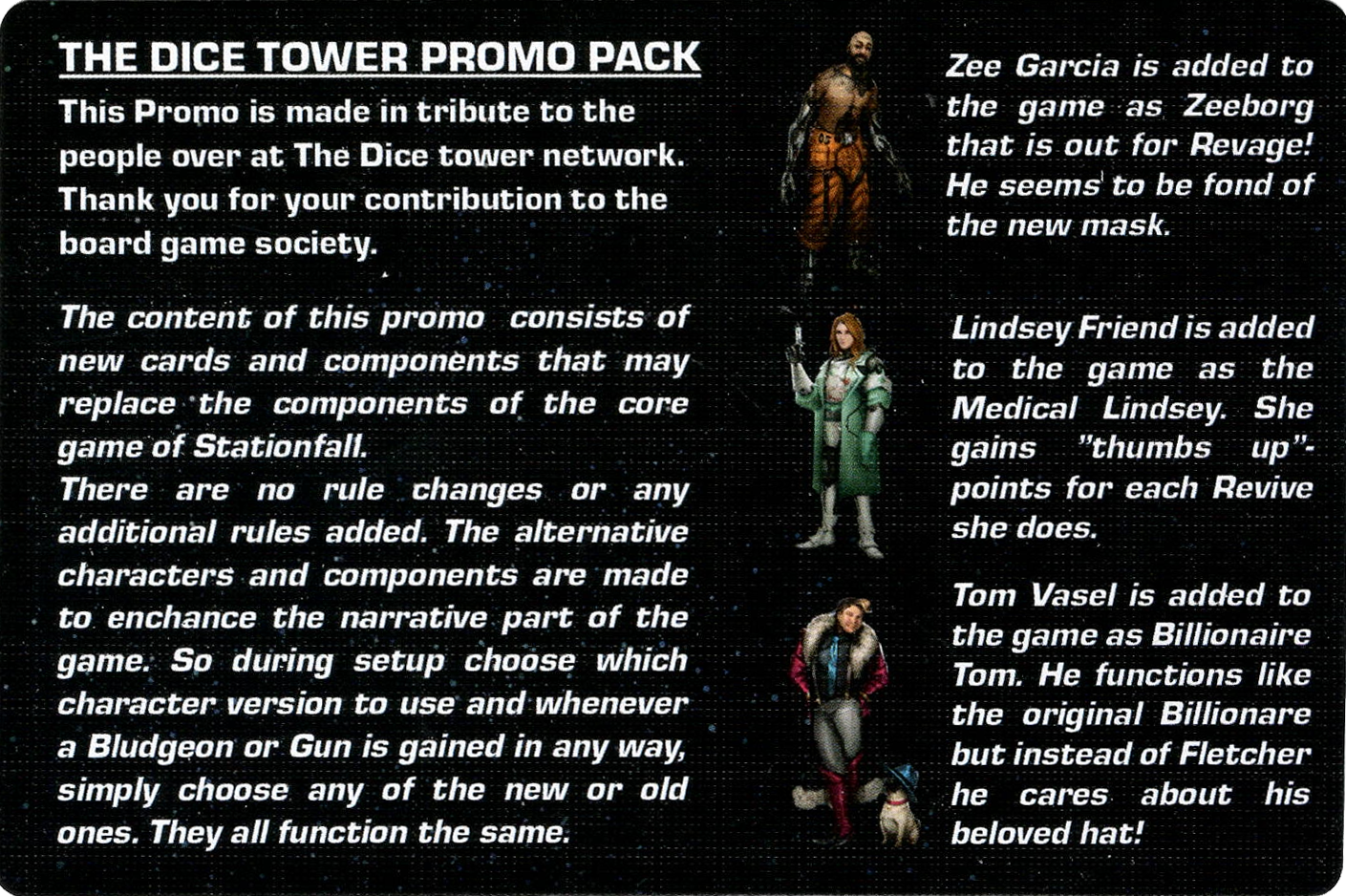 A photo of the instructions for three promos cards for use with the board game Stationfall. The on the left side of this card is the title of the promo card pack at the top with a three paragraph description of the promo's origins and use in the game below. On the right side of the card are three small illustrations of characters and a short text description next to each one.