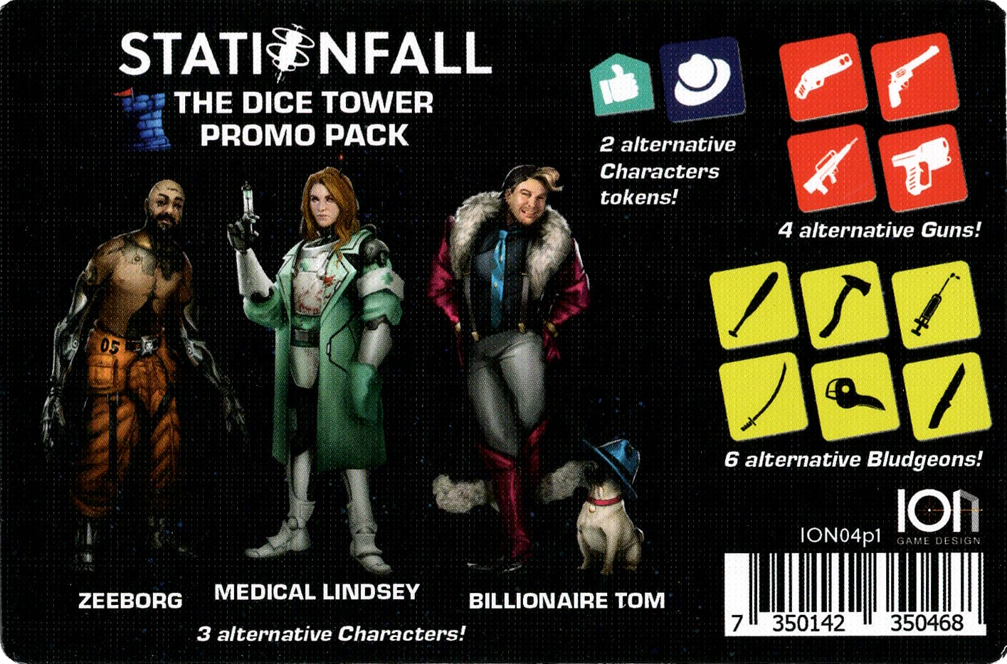 A photo of the cover art from The Dice Tower Promo Pack, for use with the board game Stationfall. This cover image features illustrations of three characters, photos of the other components, the publisher's logo, and the item's barcode.