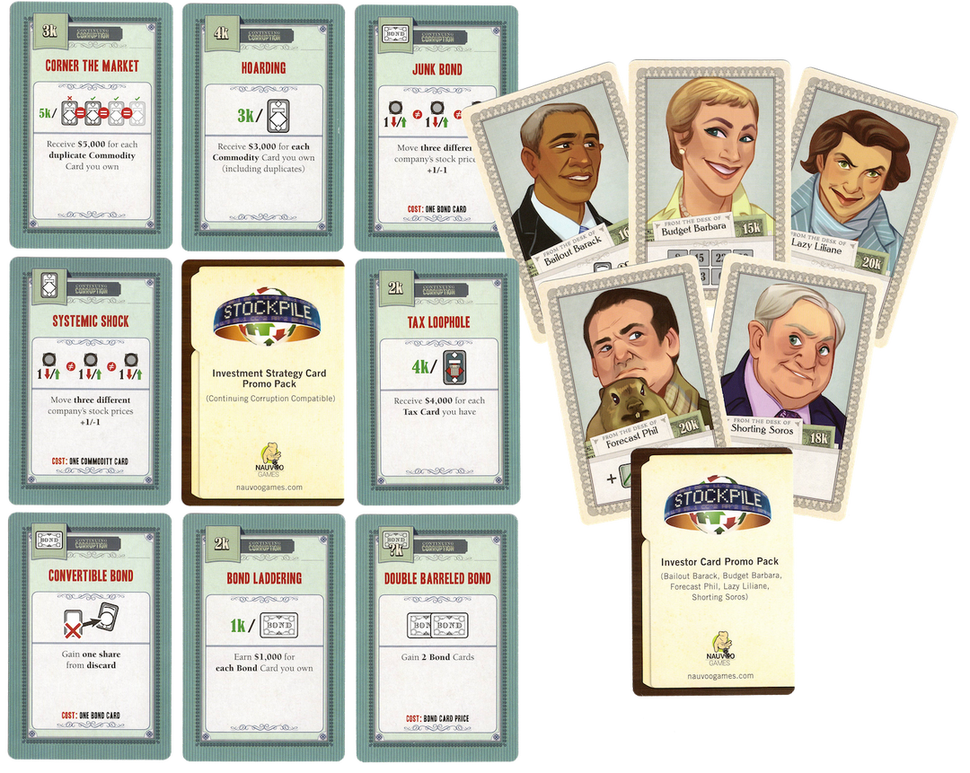 A collection of promo cards for use with the board game Stockpile. One group of cards has names of different stock and trading terms at the top and a collection of symbols and text at the bottom. The second set of cards shows cartoon depiction of people's faces with a their name underneath.