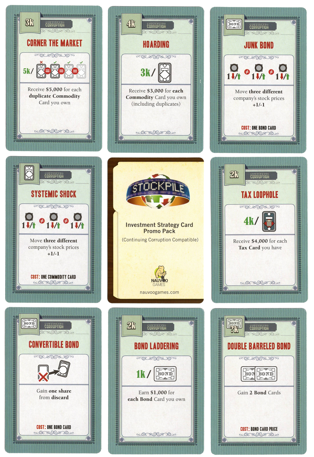 A collection of promo cards for use with the board game Stockpile, depicting names of different stock and trading terms at the top and a collection of symbols and text at the bottom.