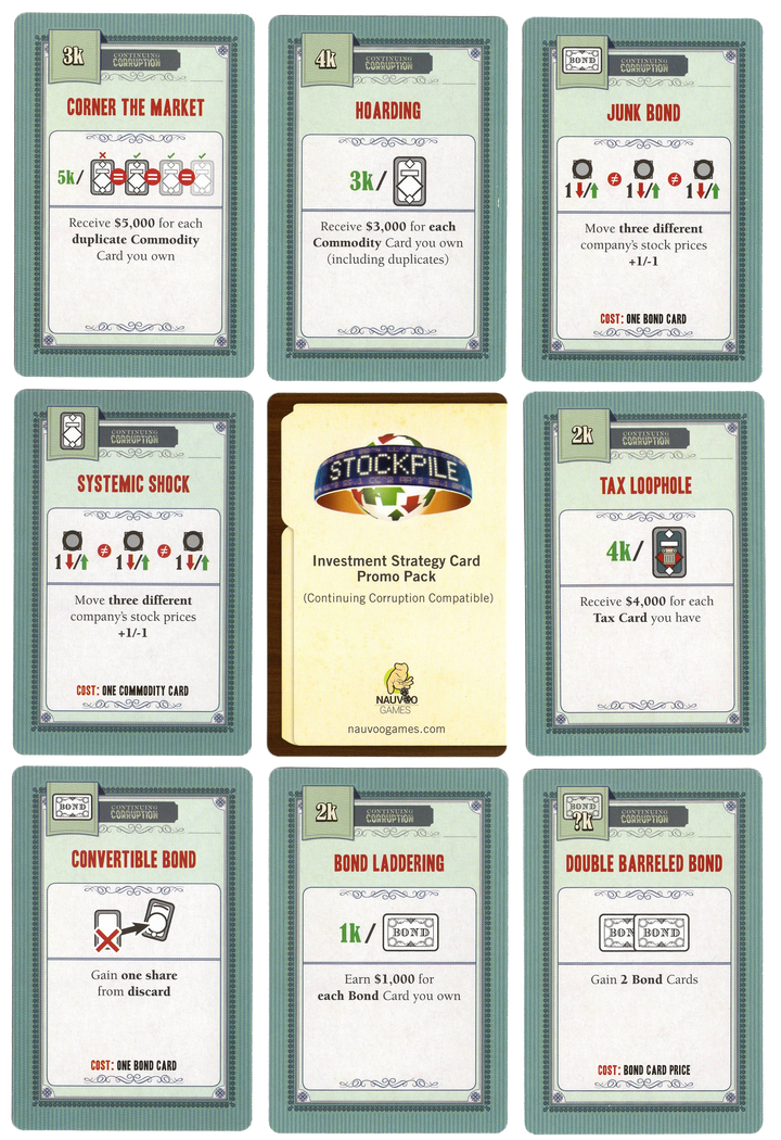 A collection of promo cards for use with the board game Stockpile, depicting names of different stock and trading terms at the top and a collection of symbols and text at the bottom.