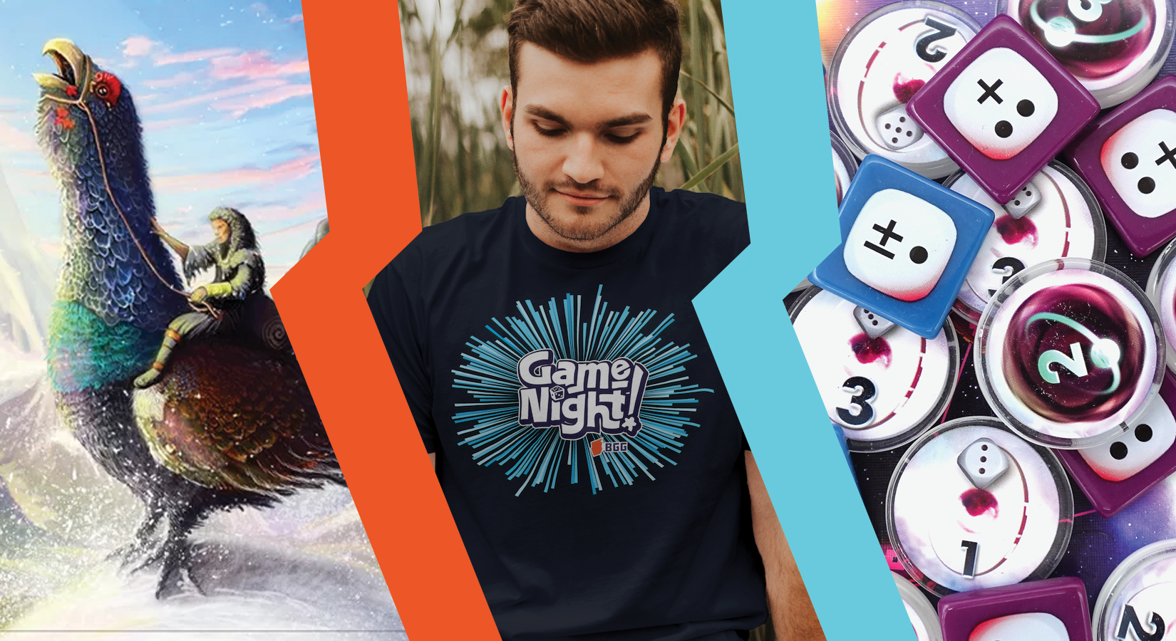 A composite image of three pictures, separated by colorful, diagonal borders. On the left is an illustration of a man riding a giant chicken. In the center is a photo of a bearded white man wearing a t-shirt with the words "Game Night" printed in the center. On the right is a photo of a pile of plastic game pieces, printed with symbols and numbers.