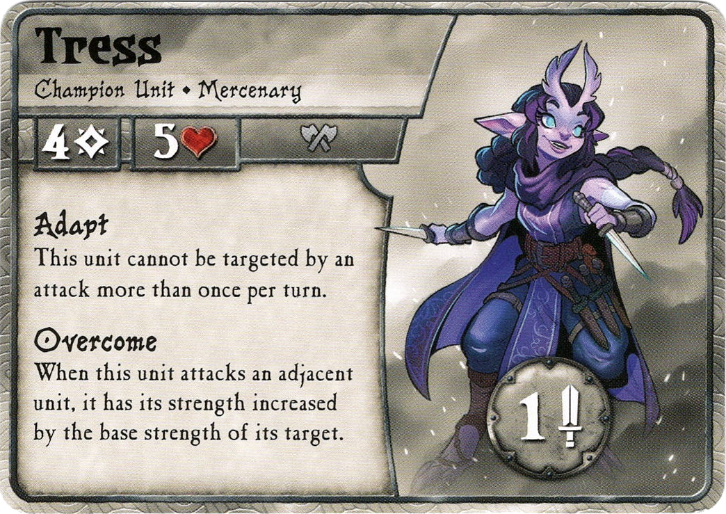 A single promo card called Tress for use in the board game Summoner Wars. The left side of the card has the card's title at the top and a combination of symbols and text describing the card's ability in the game beneath. On the right side is an illustration of a purple female figure, with large pointed ears, feathered horns, and holding daggers in each hand. 