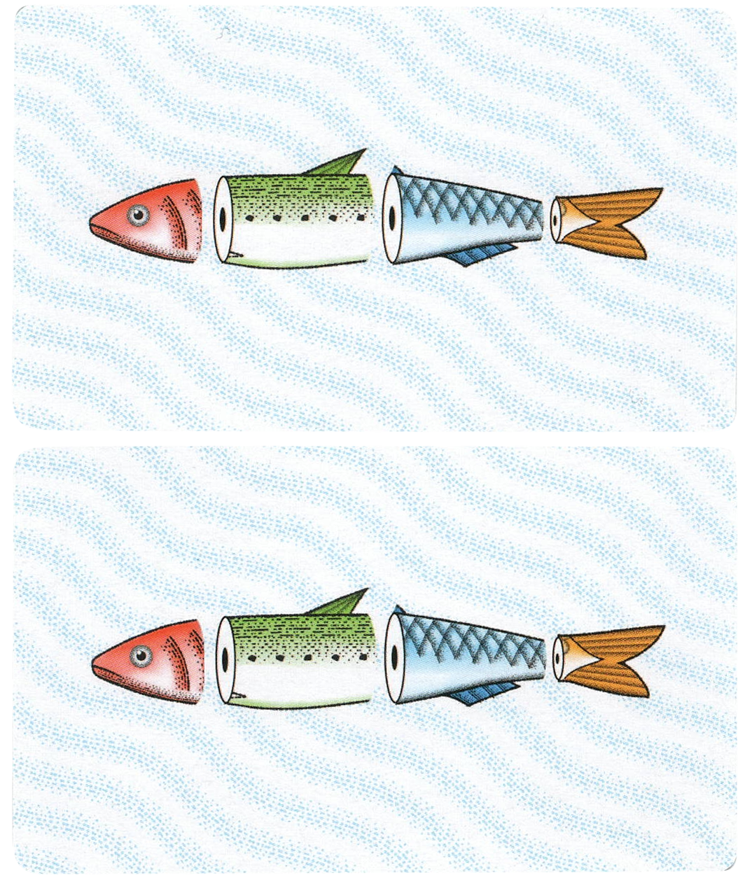 A set of identical cards for use with the board game Sunny Day Sardines. Both cards have a wavy blue background, and feature an illustration of a fish cut up into four section, with each section a different color and style.