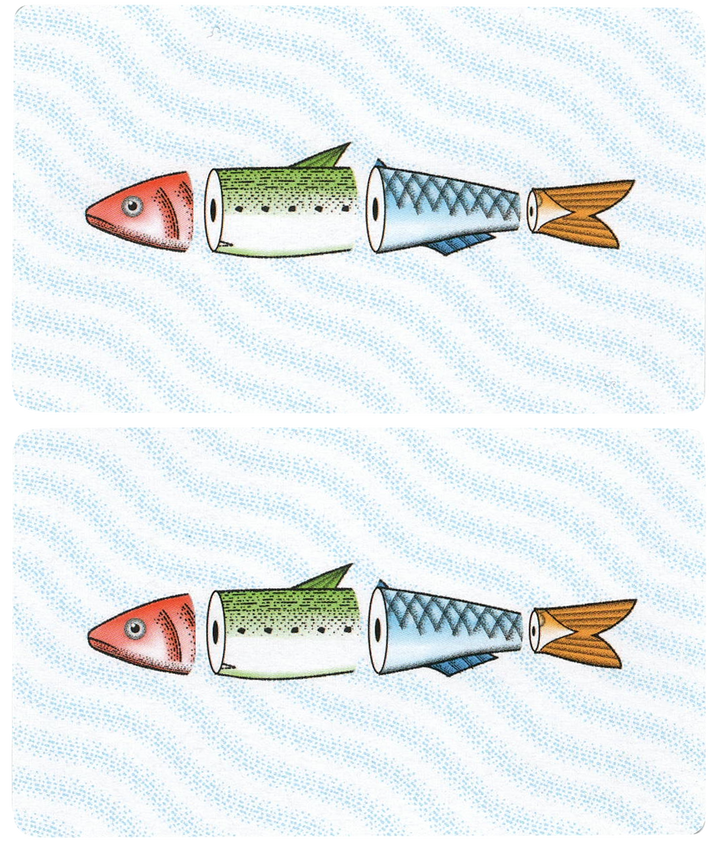 A set of identical cards for use with the board game Sunny Day Sardines. Both cards have a wavy blue background, and feature an illustration of a fish cut up into four section, with each section a different color and style.