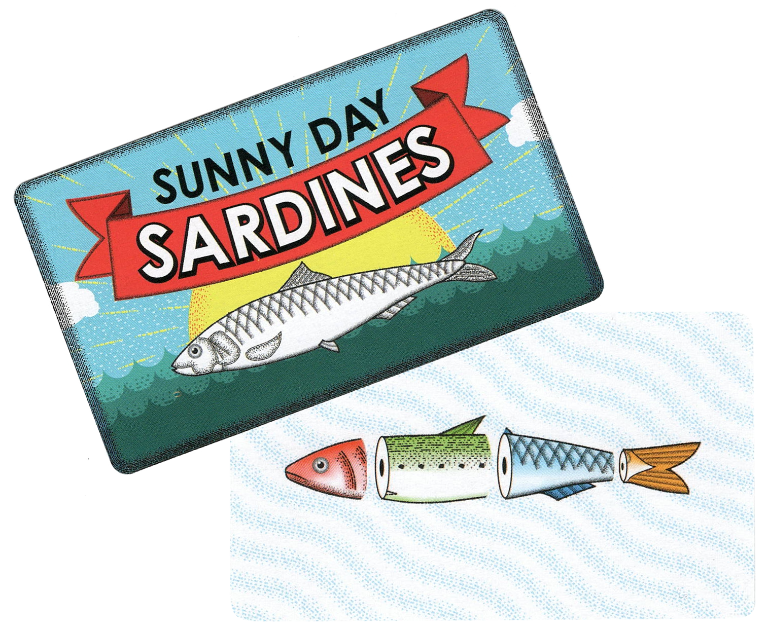 The front and back of a pair of cards for use with the board game Sunny Day Sardines, pictured on a white background. The card back has the game's title, with a picture of a sardine against a sunny sky. The card front shows a cartoon sketch of a sardine cut up into four sections, with each section a different color and style.