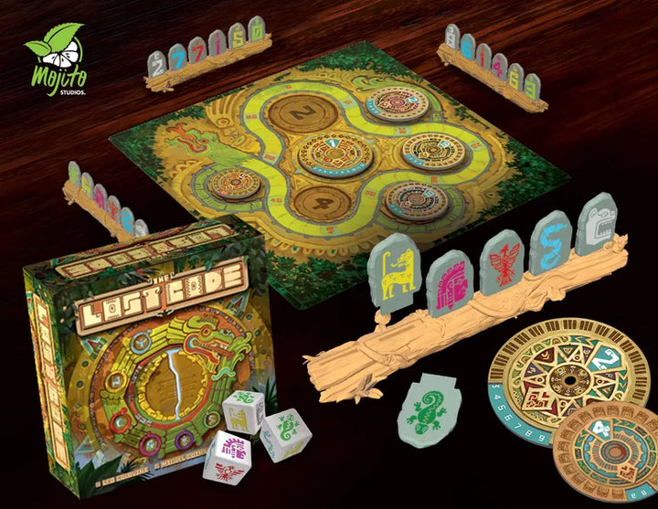 A computer rendering of all of the components in the board game The Lost Code, including the game box, game board, numbered tiles, log-shaped tile holders, dice, and cardboard wheels