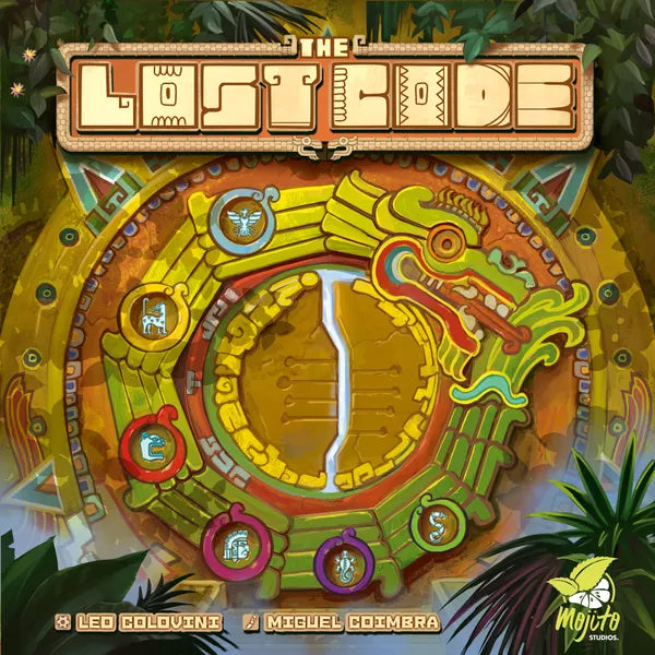The front cover image of the board game The Lost Code, featuring an illustration of an ancient Mayan snake carved on a stone wall surrounded by tropical plants.