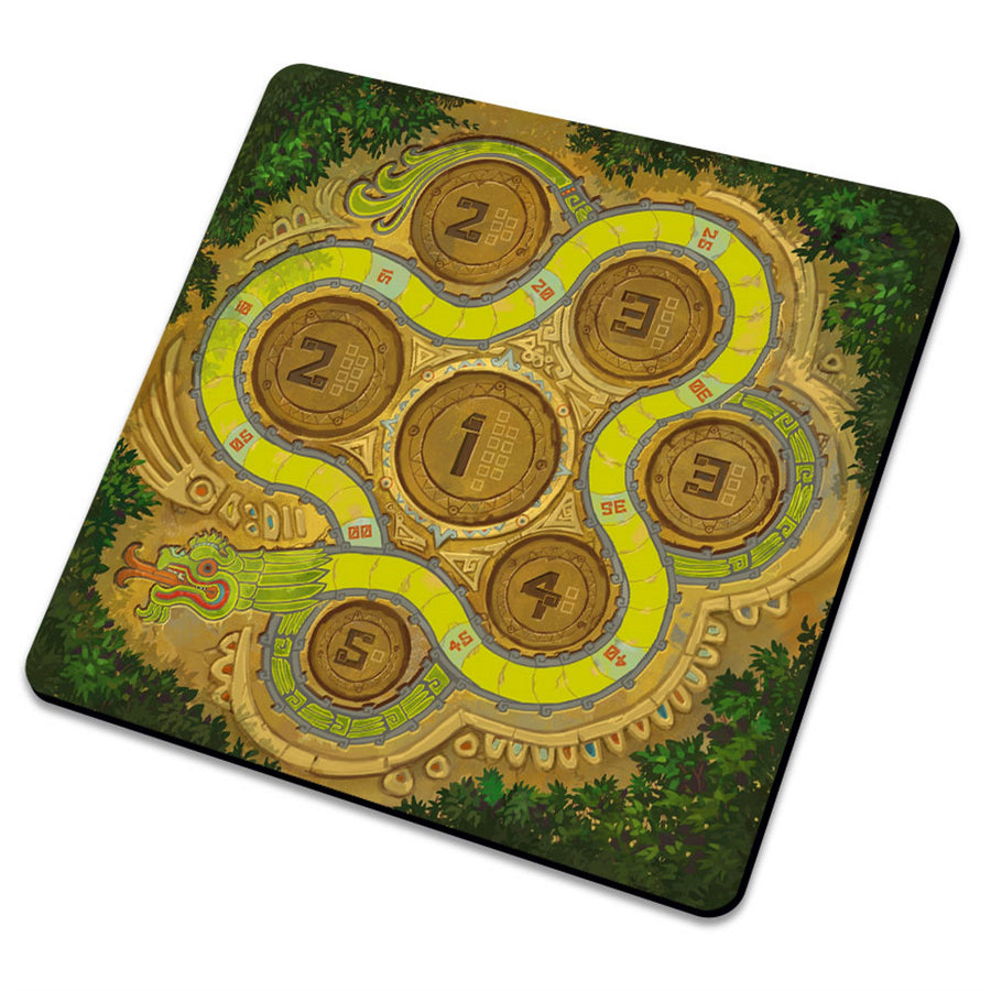 A photo of a neoprene mat from the board game The Lost Code, which shows a numbered path snaking in and around five numbered circles of varying sizes.