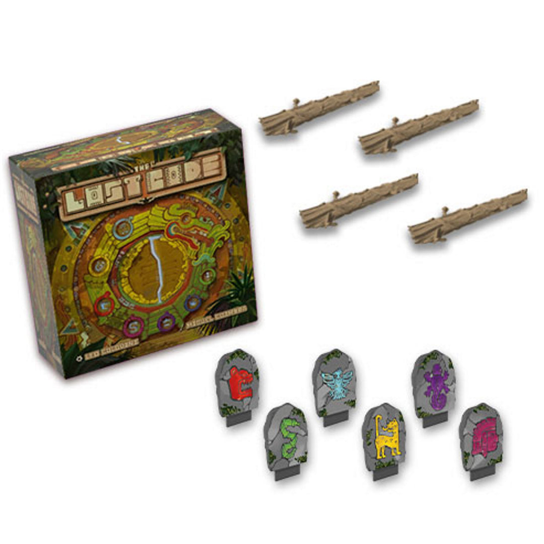 A computer rendering of a plastic upgrade kit for the board game The Lost Code, featuring examples of six plastic tiles, four plastic logs, and the larger box including in this kit.