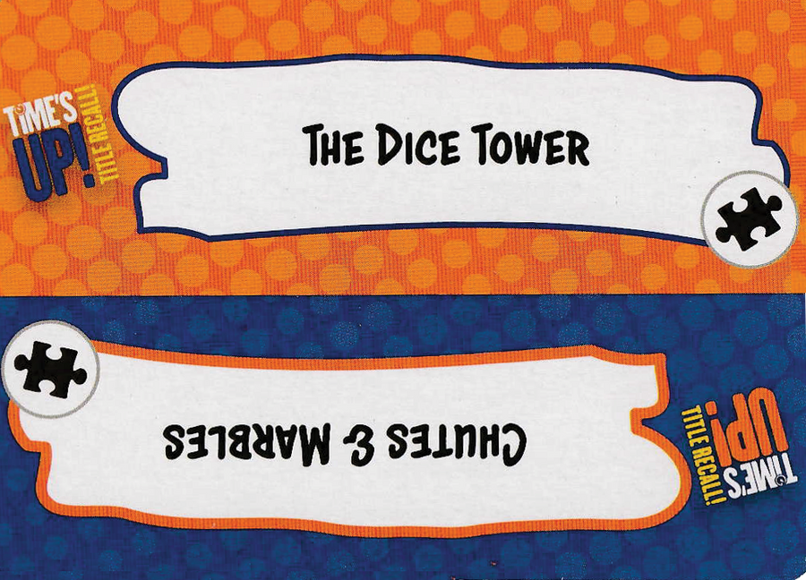 A single card for use with the board game Time's Up, showing a card with the words "The Dice Tower" on an orange background on the top half of the card and the words "Chutes & Marbles" written upside down on a blue background on the bottom half.