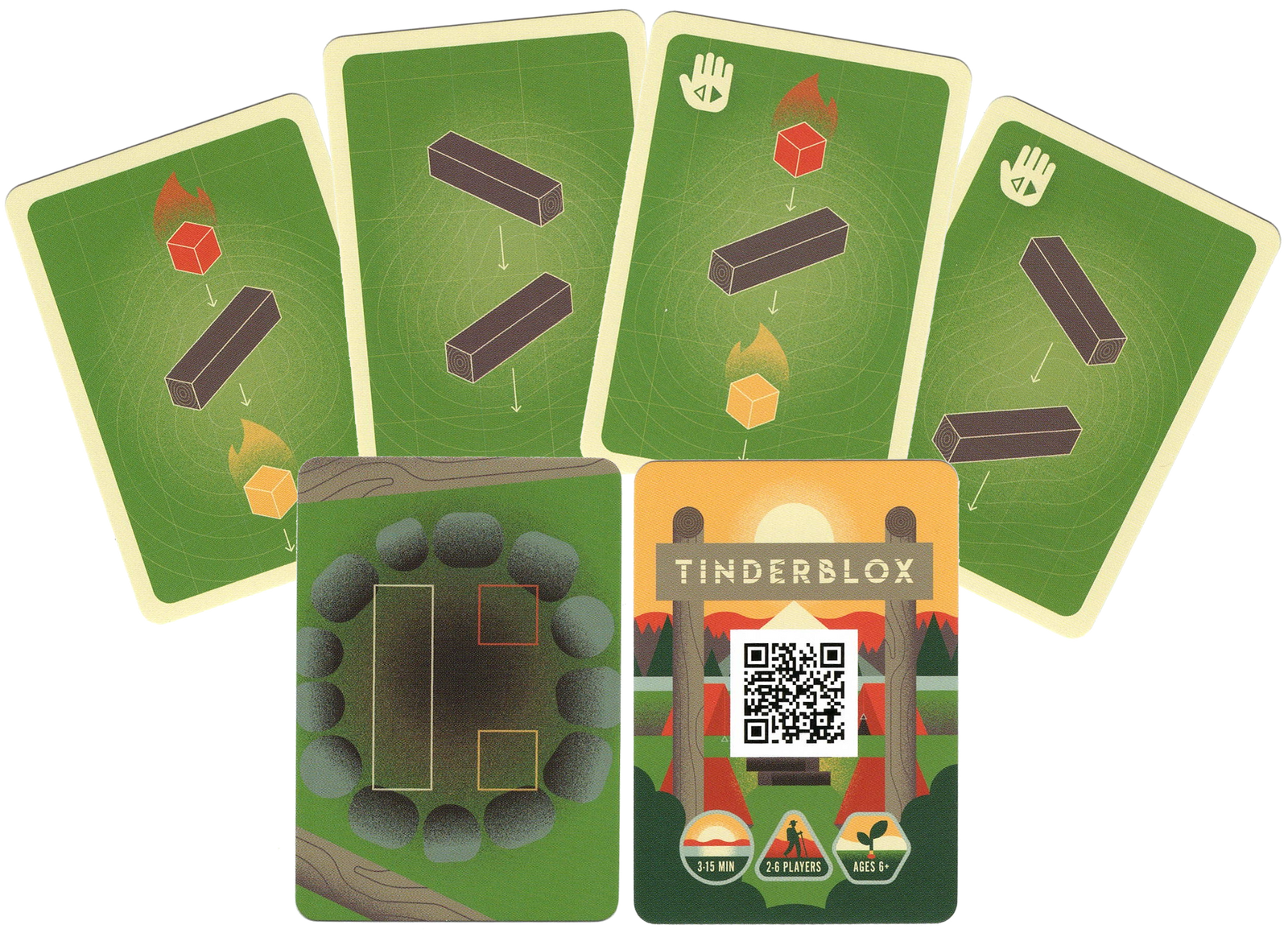 A photo of six promo cards for the board game Tinderblox. Four of the cards show symbols on a green background. One card shows an illustration of an outdoor firepit and the last card shows a stylized illustration of a wooden campsite with a QR code in the center.