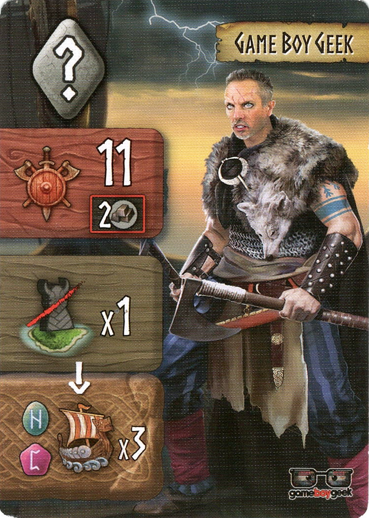 A single card for use with the board game Tiny Epic Vikings. The card displays symbols on the left side and an illustration of a white man in Viking gear and weapons on the right.
