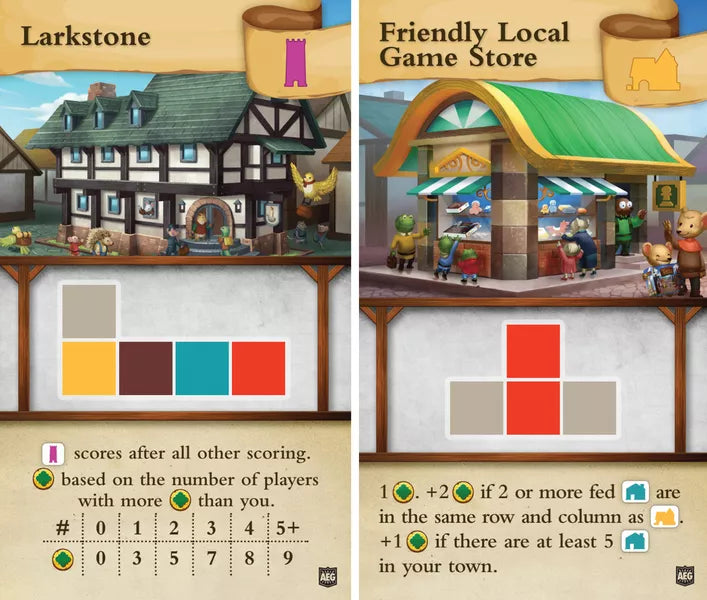 A set of two cards for use with the board game Tiny Towns. Both cards feature an illustration of a building at the top, a colorful polygon in the middle, and text describing the cards' abilities in the game at the bottom.
