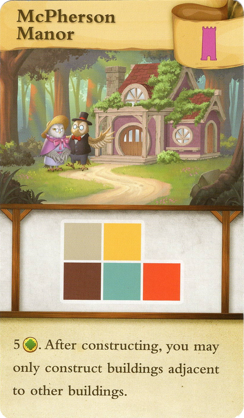 A single card for use with the board game Tiny Towns. The card has its title at the top, an illustration of a cottage in a forest with two animal characters standing in front, and a combination of symbols and text at the bottom that describe the card's ability in the game.