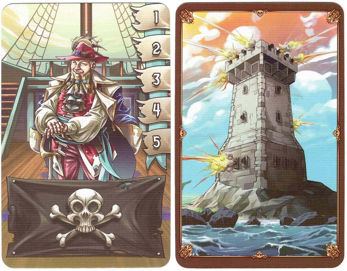 A set of two cards as part of the Captain Tom promo for use with the board game To Glory! The card on the left features an illustration of a extravagantly dressed pirate captain wearing a feathered fedora standing on the deck of a ship. The card on the right features an illustration of a square tower on the water's edge, actively firing multiple cannons at unknown targets.
