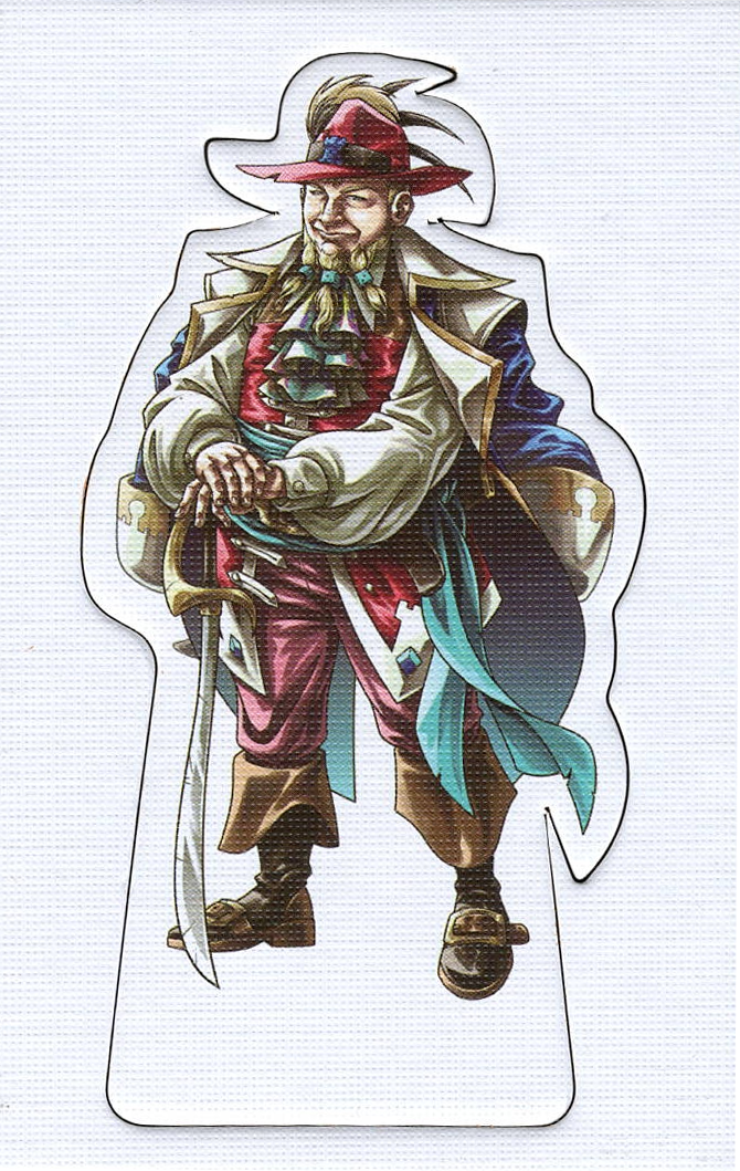 A photo of a cardboard punchboard as part of the Captain Tom promo for use with the board game To Glory! The punchboard displays an extravagantly dressing pirate captain wearing a feathered fedora, leaning on a cutlass, all on the white background.