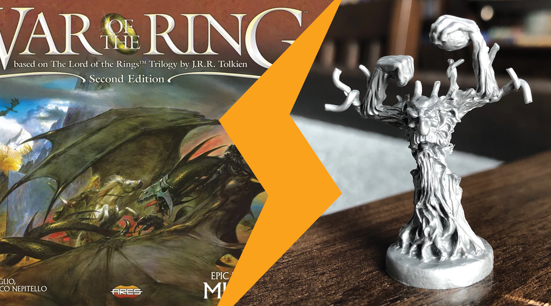 A side by side combination of two images separated by a yellow lightning bolt. The left image is the front cover of the game War of the Ring, with a woman on a horse fighting a dragon-like creature. The right image is a close up photo of a plastic tree figure with a face.