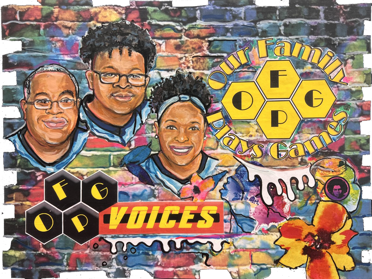 A closeup of the t-shirt artwork for Our Family Plays Games. This artwork features three black faces, two man and one woman, against a colorful brick background, and has the words" Our Family Plays Games" and "OFPG Voices".