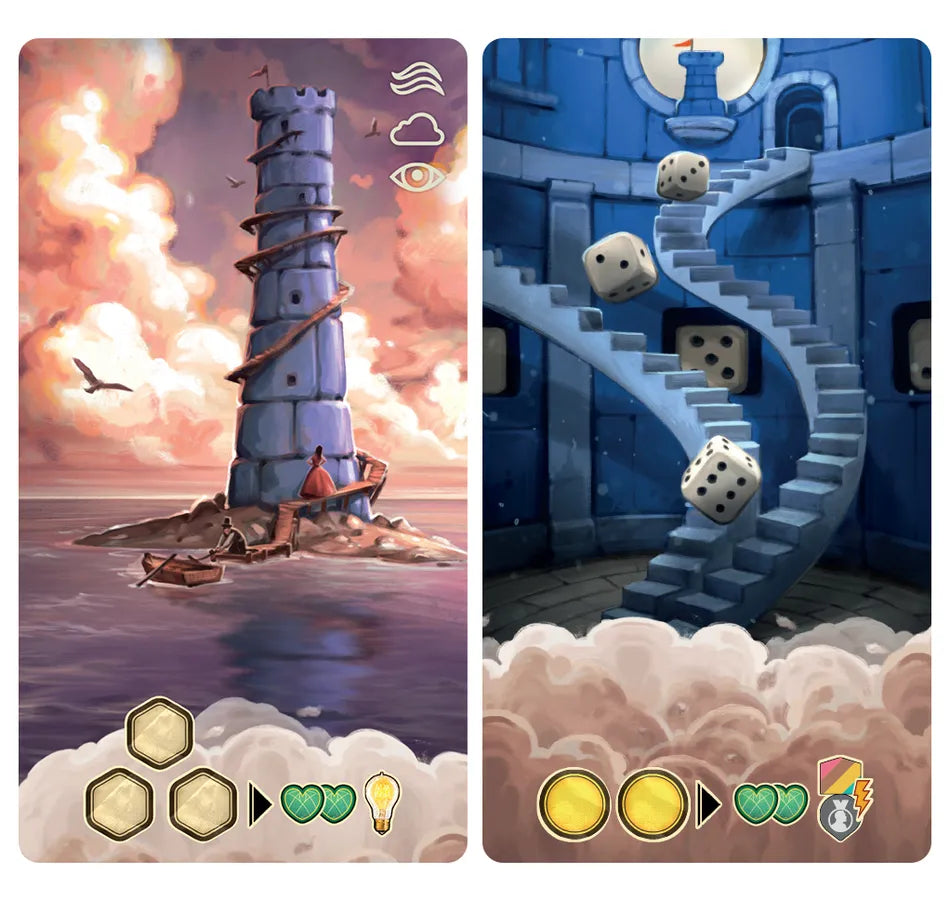 A photo of two promo cards for use with the board game Unconscious Mind. The left card displays a tower along the sea, with a long, winding ramp circling the outside to the top. The card on the right has a large illustration of white dice tumbling down blue stairs within a blue, circular, stone tower.