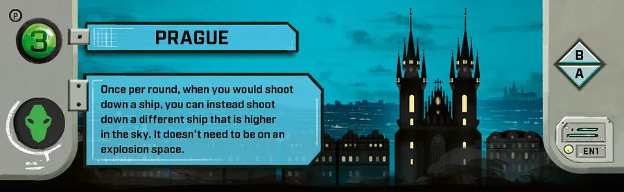 A two-sided cardboard promo for use with the board game Under Falling Skies. This side is labeled Prague, features text on a blue background in front of a blue silhouette of a city, and symbols on each end.