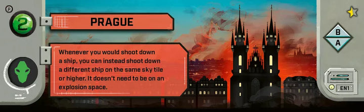 A two-sided cardboard promo for use with the board game Under Falling Skies. This side is labeled Prague, features text on a red background in front of a red silhouette of a city, and symbols on each end.