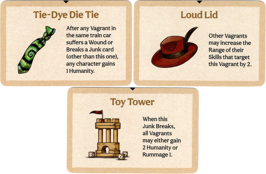Three promo cards for use with the board game Vagrantsong. Each card displays an illustration on the left side and text on the right side.