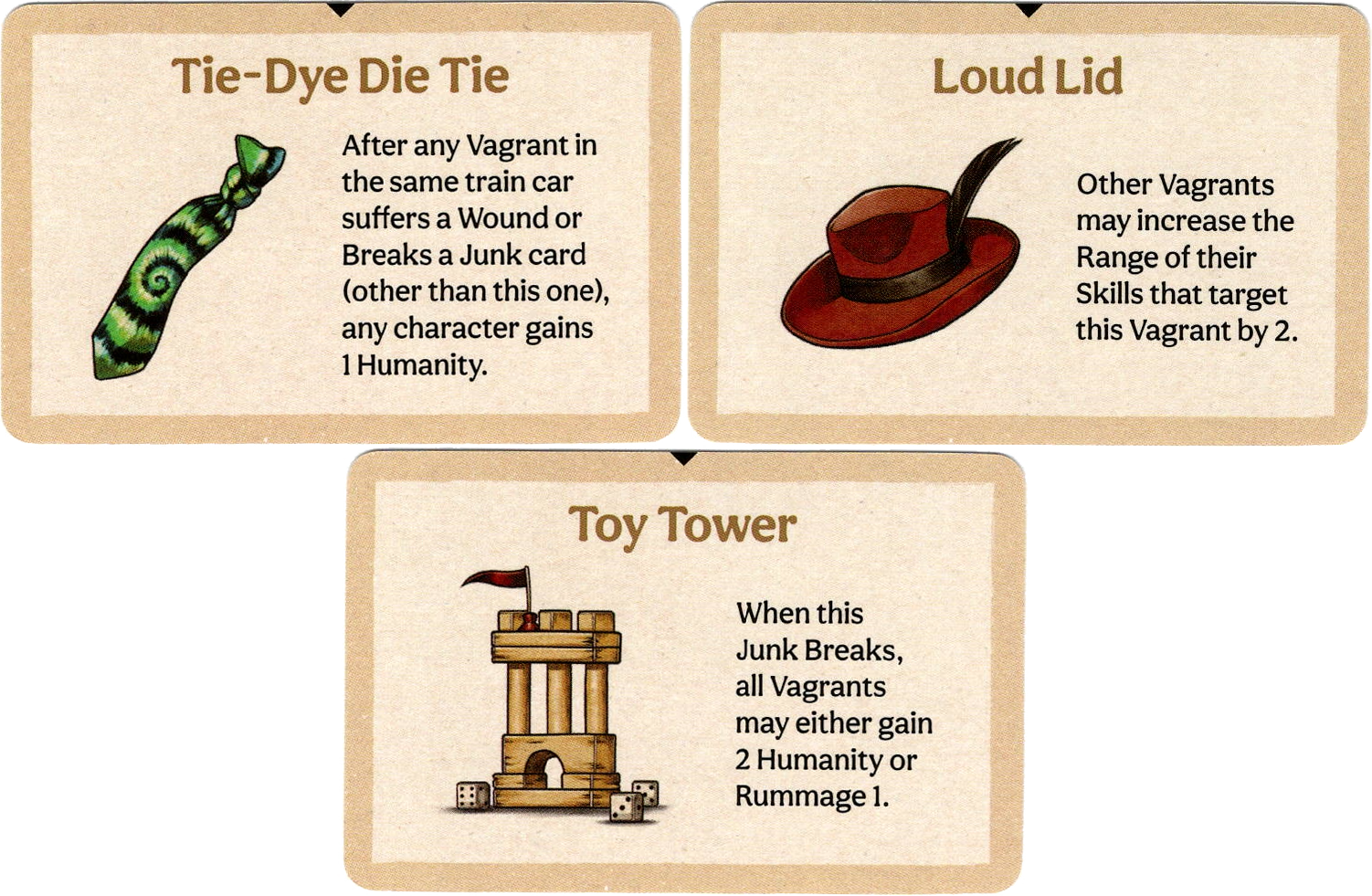 Three promo cards for use with the board game Vagrantsong. Each card displays an illustration on the left side and text on the right side.