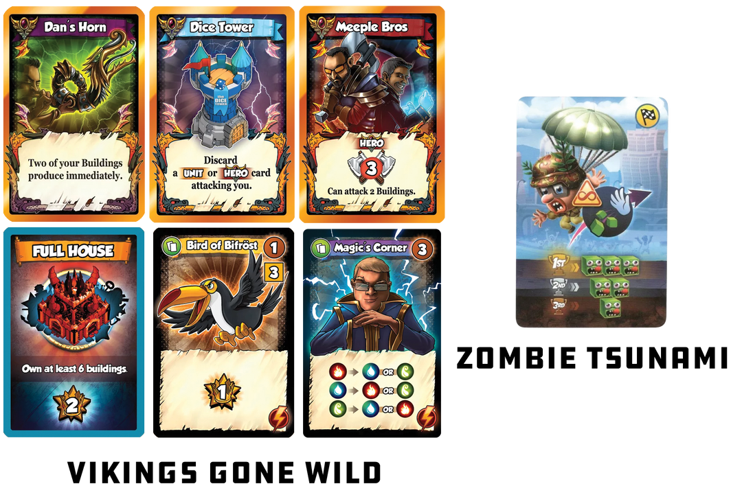 A set of seven cards for use with two board games: six for use with Vikings Gone Wild and one for use with Zombie Tsunami. All seven cards feature an illustration at the top of the card and symbols and/or text at the bottom. 