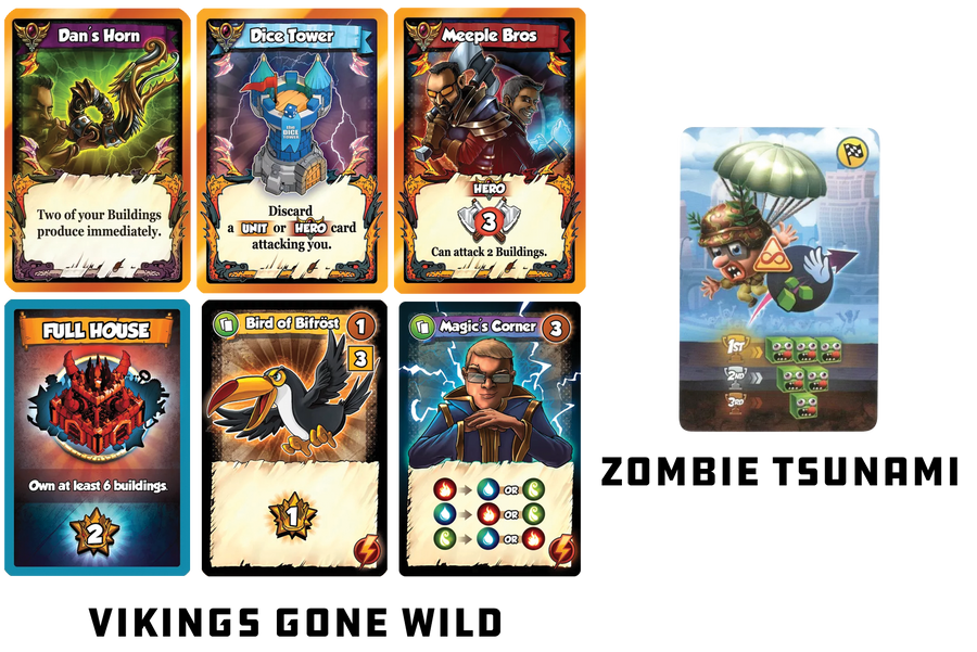 A set of seven cards for use with two board games: six for use with Vikings Gone Wild and one for use with Zombie Tsunami. All seven cards feature an illustration at the top of the card and symbols and/or text at the bottom. 