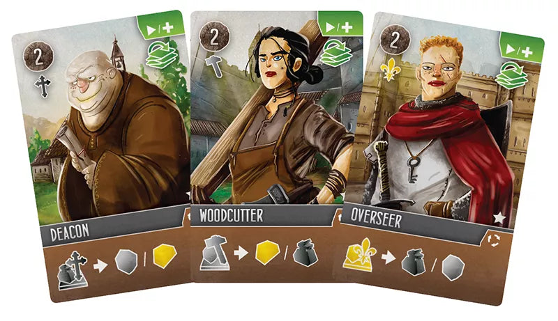 A set of three cards for use with the board game Viscounts of the West Kingdom, featuring an illustration of three different people  on each card, the person's title below the image, and symbols describing the card's ability in the game at the bottom.