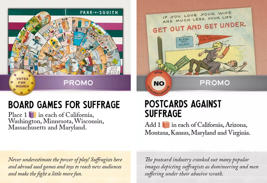 Two promotional cards for the board game Vote For Women, both featuring early newspaper cartoon-style of illustrations on the top half and text description of the card's power in the game on the bottom half.