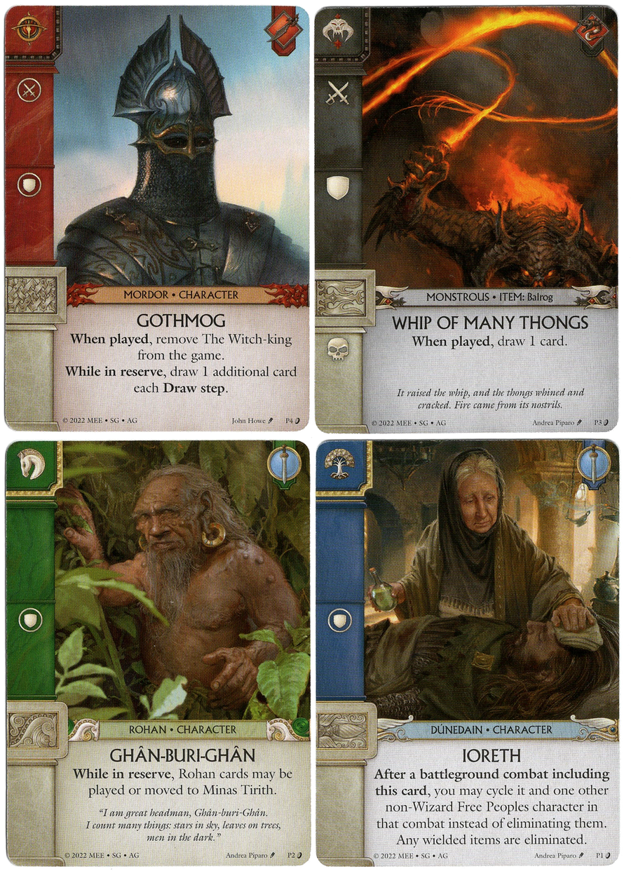 A photo of four promotional cards for the board game War of the Ring: The Card Game, each depicting an illustration on the top half and a text description of the card's power in the game on the bottom half.