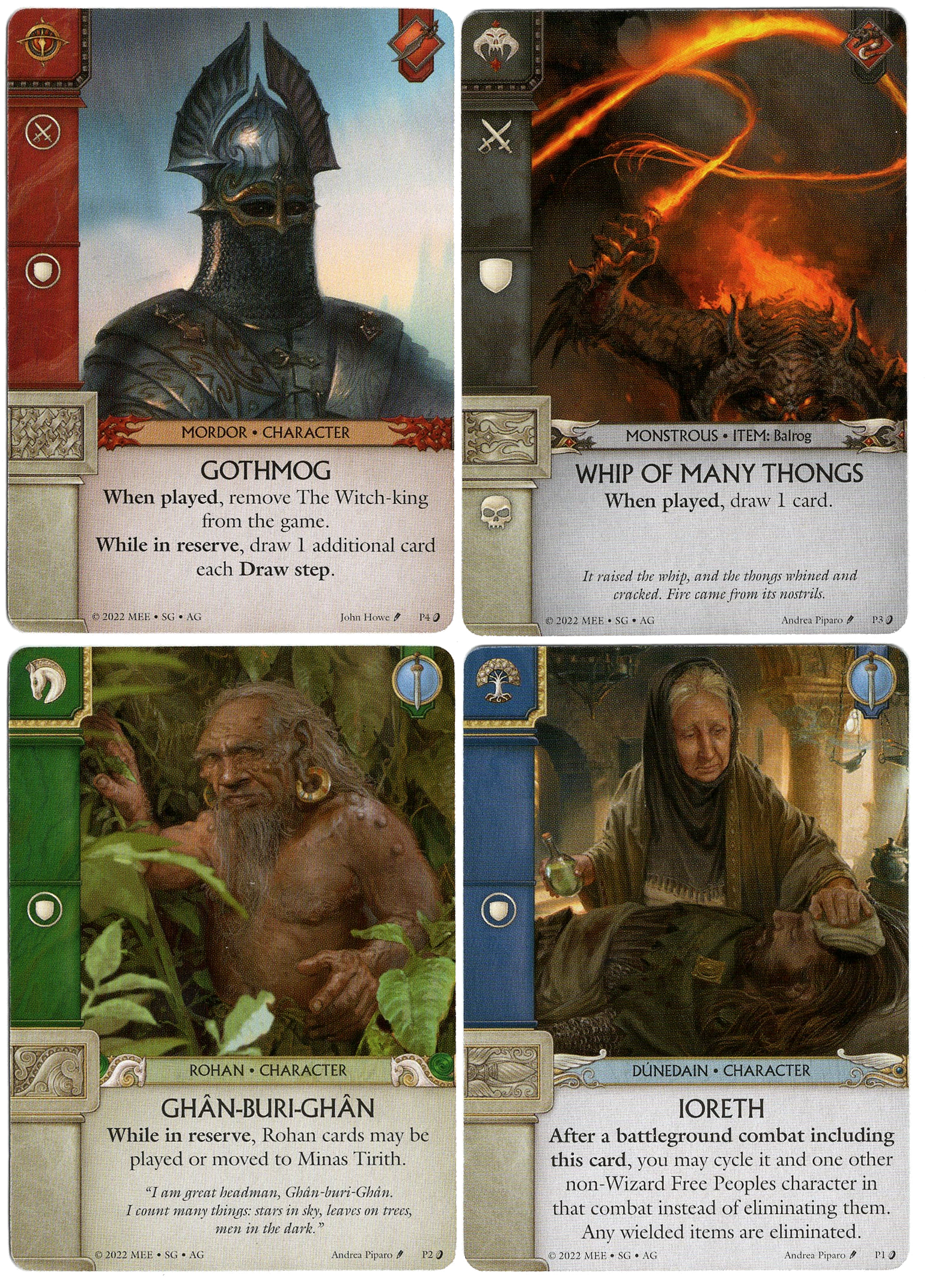 A photo of four promotional cards for the board game War of the Ring: The Card Game, each depicting an illustration on the top half and a text description of the card's power in the game on the bottom half.