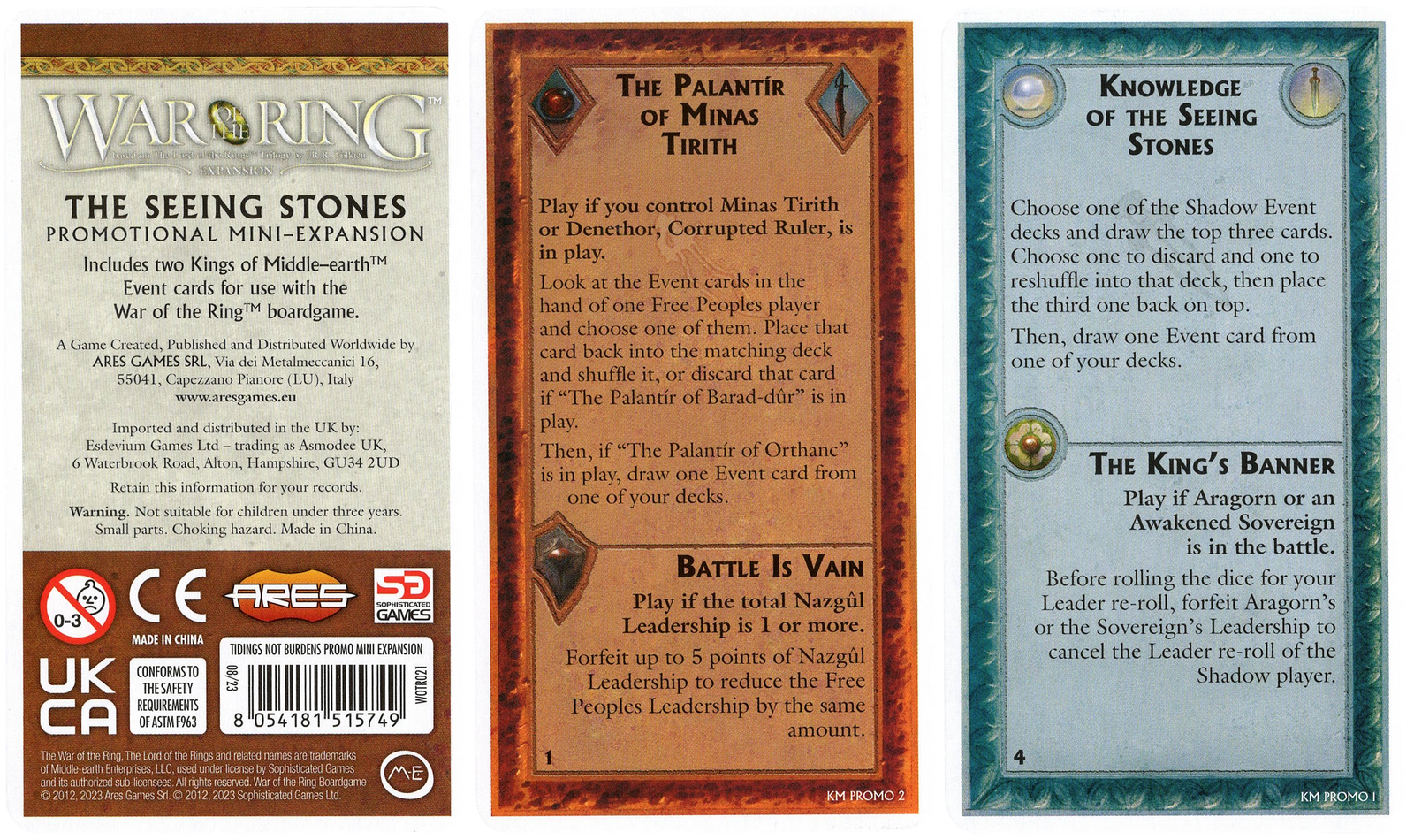 A photo of the Seeing Stones Promo cards for use with the board game War of the Rings. Each card features text in English. The left card contains copyright information and the promo's title. The center and right card are for use in the game and each have two titles and two paragraphs of text.