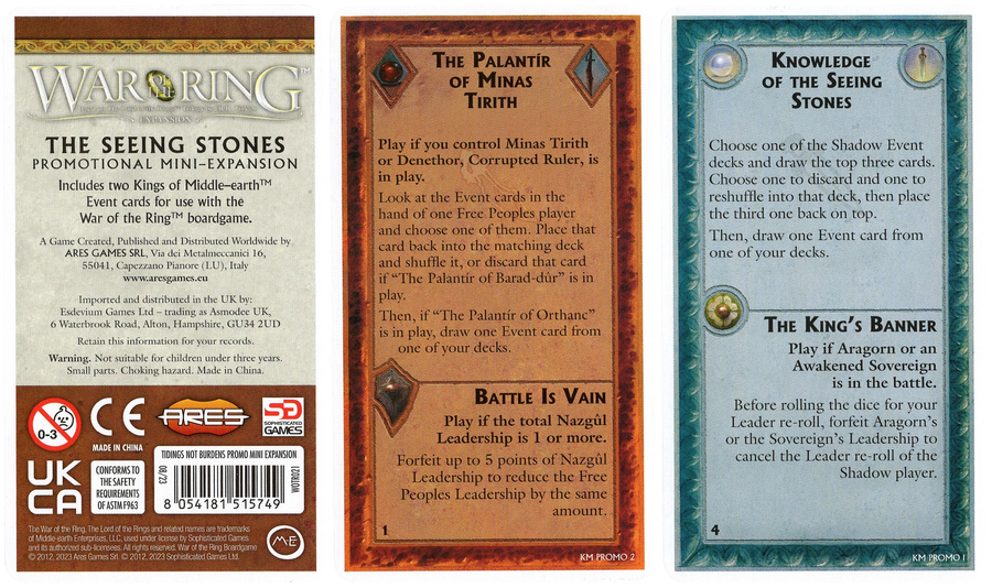 A photo of the Seeing Stones Promo cards for use with the board game War of the Rings. Each card features text in English. The left card contains copyright information and the promo's title. The center and right card are for use in the game and each have two titles and two paragraphs of text.