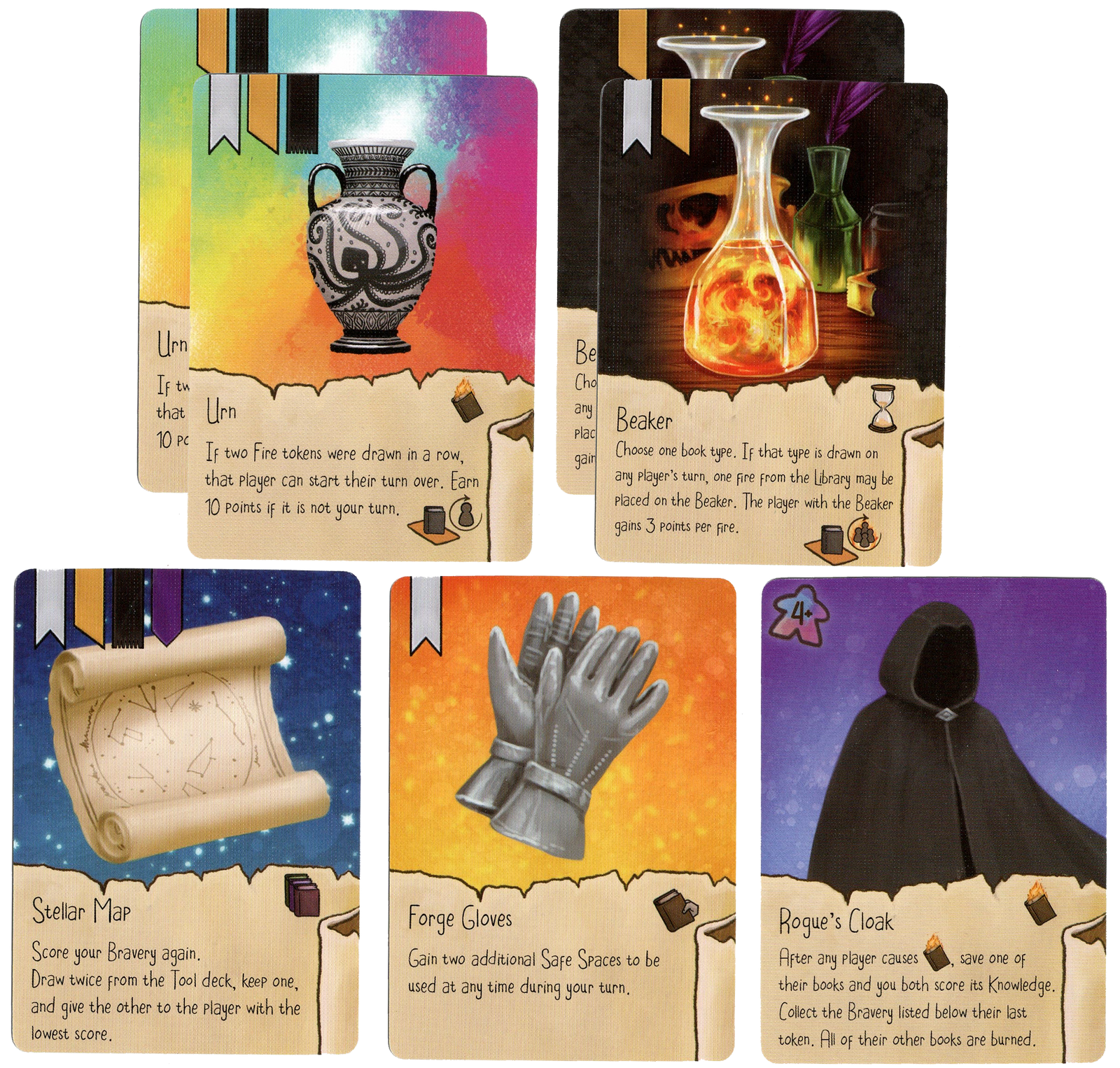 A photo displaying an array of cards from the board game Fire in the Library. All of the cards display a single item at the top with text on the bottom. 