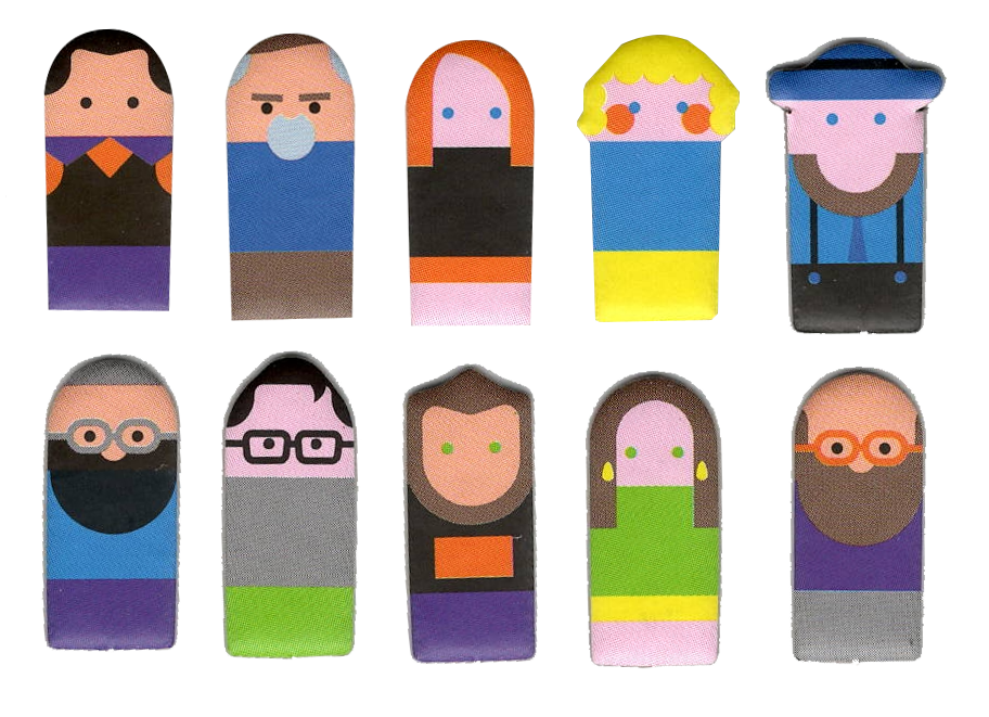 An overhead photo of ten cardboard promo characters for use with the board game Whale To Look. Each character is a rectangular with a rounded top, and features and clothing are illustrated using simple blocks and colors.