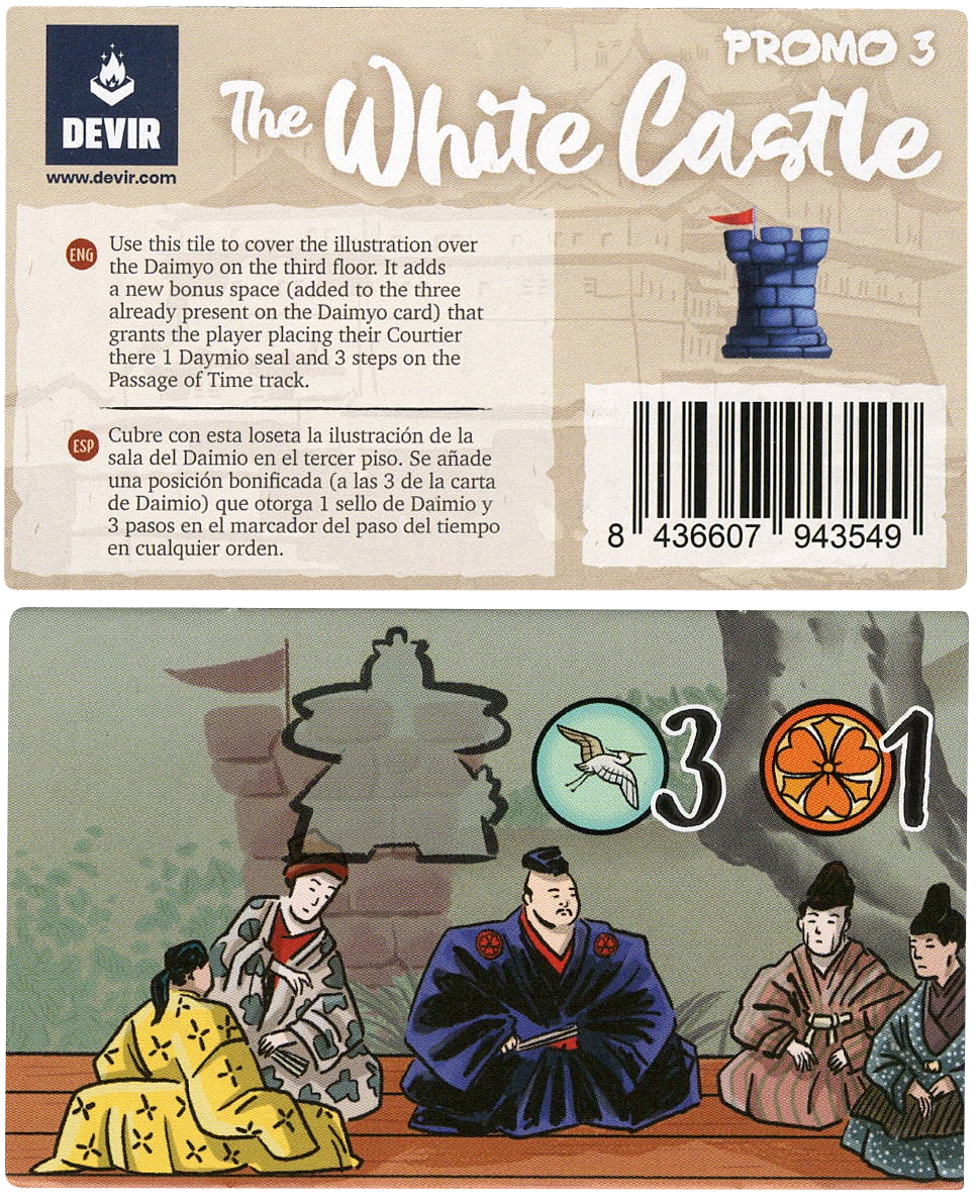 A photo of both the front and back of Promo Tile 3 for use with the board game The White Castle. The tile back has the game name, promo name, and promo instructions. The tile front shows an illustration of people sitting on the front in elaborate robes, with symbols from the game along the top of the tile.